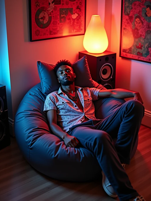 model lounging on a bean bag chair with vinyl pillows, wearing if(gender=f){a flowing maxi dress with bell sleeves} if(gender=m){a paisley shirt unbuttoned with love beads}, surrounded by floor speakers and a component stereo system, op art and Andy Warhol prints on walls, lava lamp and fiber optic lamp creating ambient mood lighting