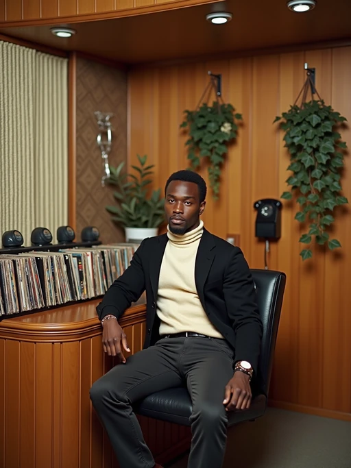model in a 60s basement rec room with wood paneling, wearing if(gender=f){hot pants with knee-high boots and a peasant blouse} if(gender=m){a mock turtleneck with cardigan sweater}, sitting at a built-in bar with a collection of 45s in a carousel rack, wall-mounted phone with long coiled cord, beaded curtains and hanging plants decorating the space