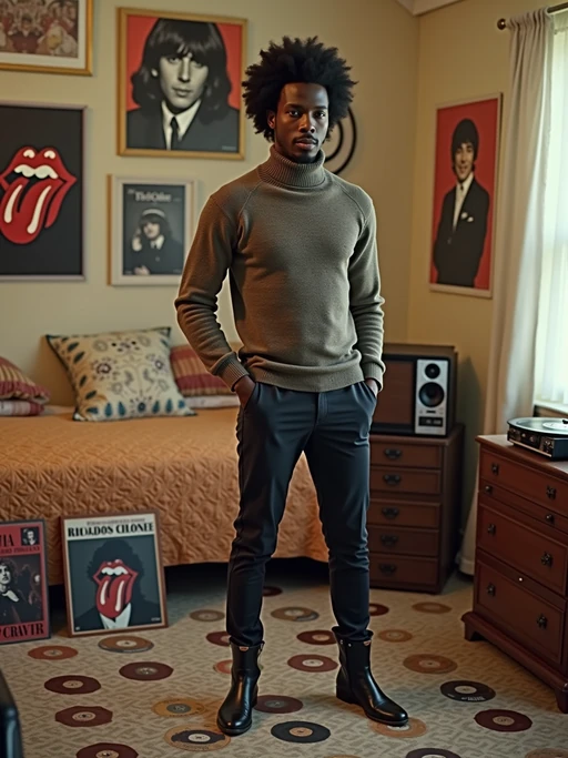 model in a typical 60s bedroom, wearing if(gender=f){a mini dress with bold geometric patterns and white go-go boots} if(gender=m){a turtleneck sweater with slim-fit pants and Chelsea boots}, surrounded by scattered vinyl singles and album covers, posters of The Beatles, Rolling Stones, and Bob Dylan on the walls, portable record player with built-in speakers in background