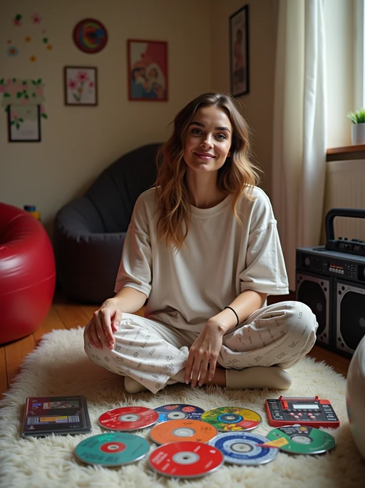 model sitting cross-legged on a fuzzy rug, wearing if(gender=f){a baby tee with pajama pants and fuzzy slippers} if(gender=m){a graphic hoodie with sweatpants}, organizing a collection of mix CDs and original albums, portable stereo with dual cassette deck nearby, inflatable chairs and metallic wall decals decorating the room