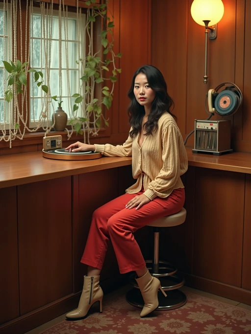 model in a 60s basement rec room with wood paneling, wearing if(gender=f){hot pants with knee-high boots and a peasant blouse} if(gender=m){a mock turtleneck with cardigan sweater}, sitting at a built-in bar with a collection of 45s in a carousel rack, wall-mounted phone with long coiled cord, beaded curtains and hanging plants decorating the space