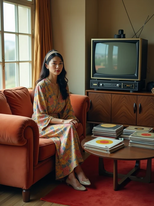 model in a 60s living room with sunken conversation pit, wearing if(gender=f){a psychedelic print caftan with headband} if(gender=m){a nehru jacket with medallion necklace}, sitting next to a hi-fi stereo console, collection of vinyl LPs spread on a kidney-shaped coffee table, black and white TV with rabbit ears antenna