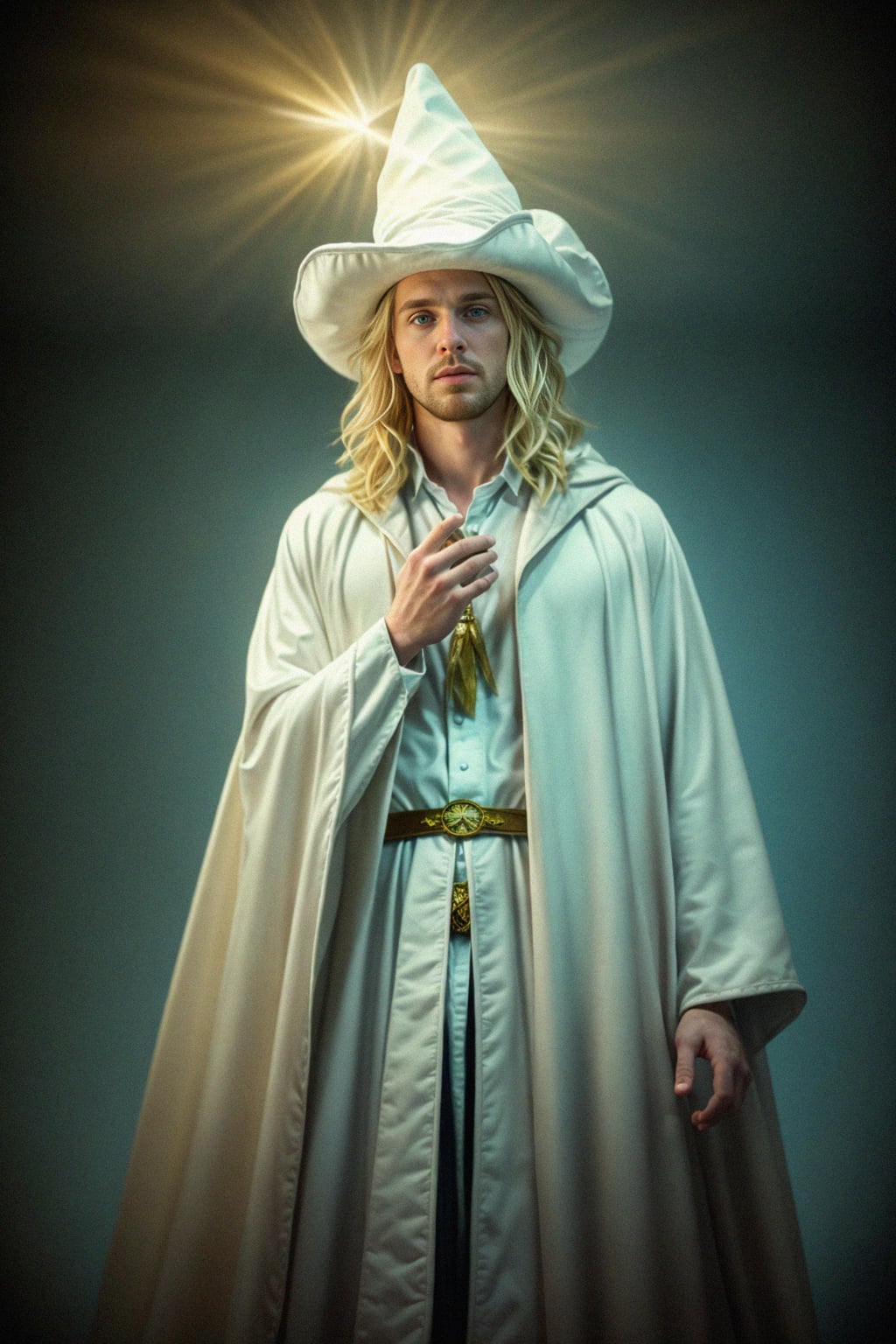man as a Wizard with a Wizard robe and big hat, crystal magic, dramatic light