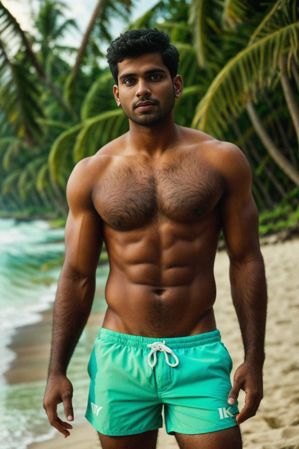 man in shirtless in swim shorts  on the Beach