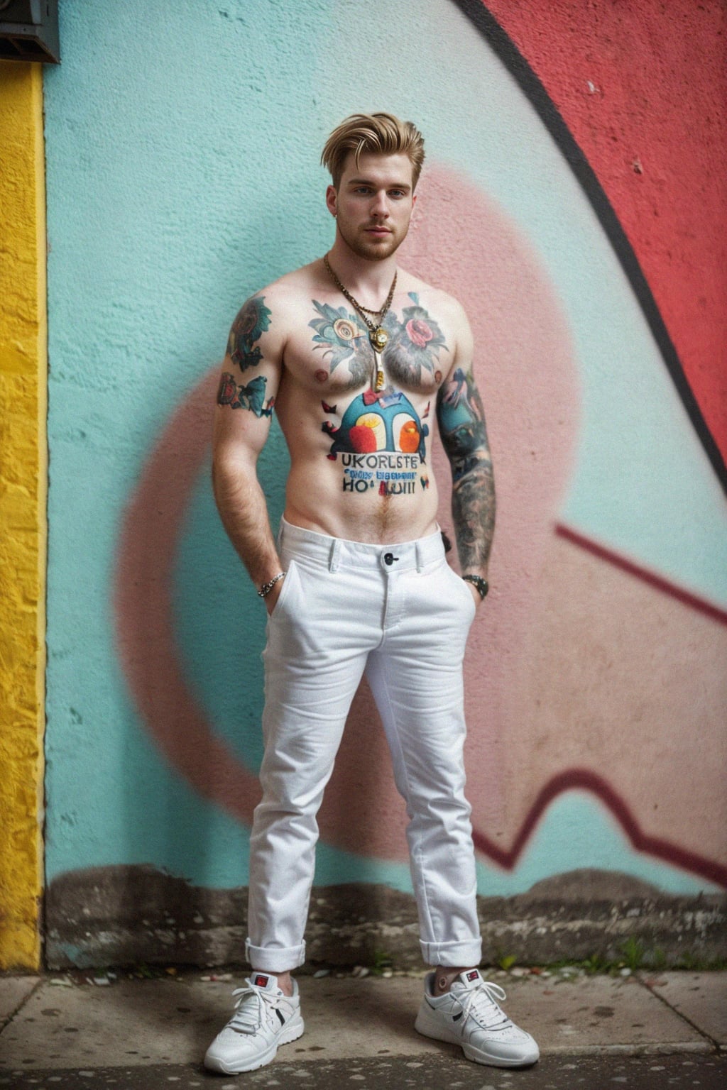a fashionable masculine  man posing in front of street art, showcasing their unique style and creativity