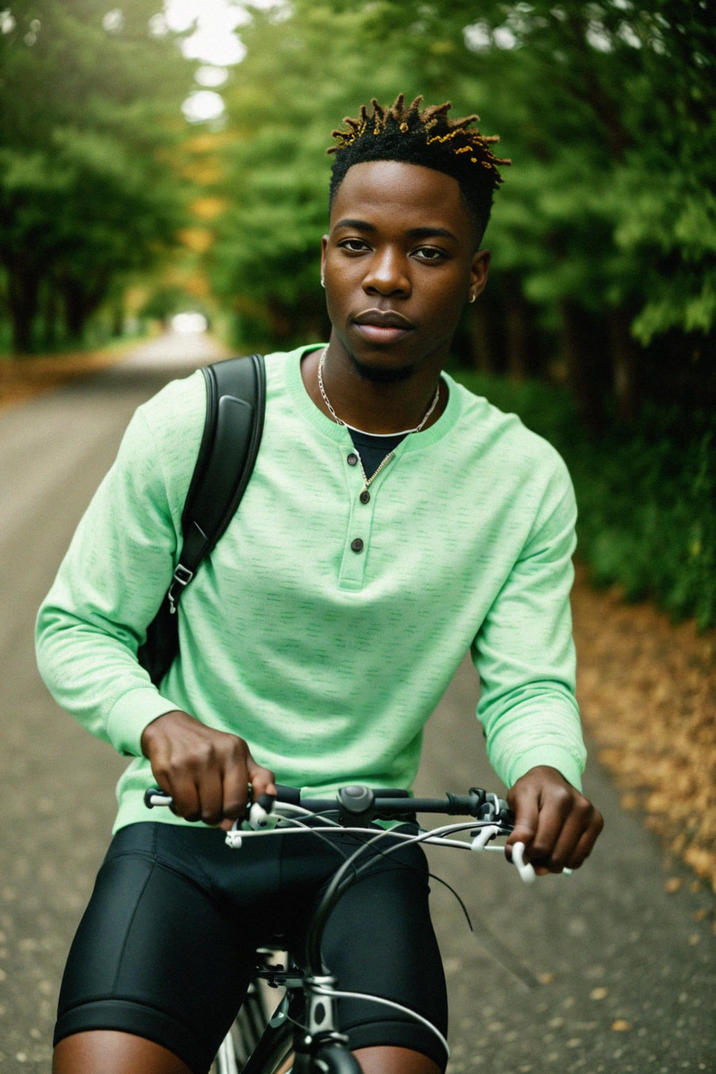a stylish masculine  man enjoying a leisurely bike ride along a scenic path
