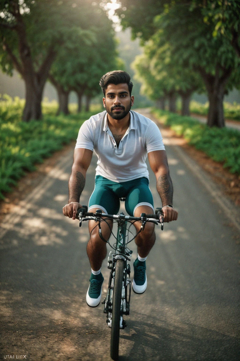 a stylish masculine  man enjoying a leisurely bike ride along a scenic path