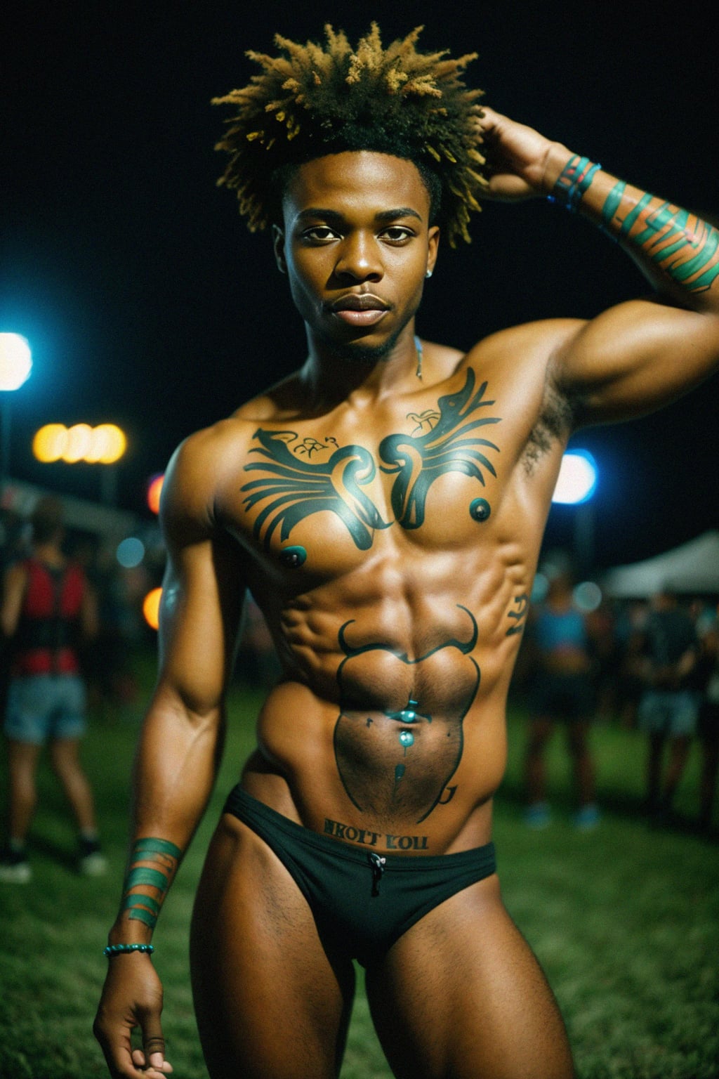 a man with  bold face and body art, capturing the artistic and expressive side of the music festival experience