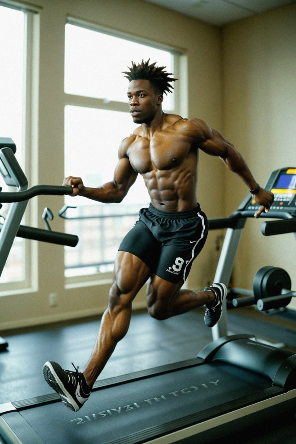 masculine  man sprinting on a treadmill in the gym, embodying speed and endurance