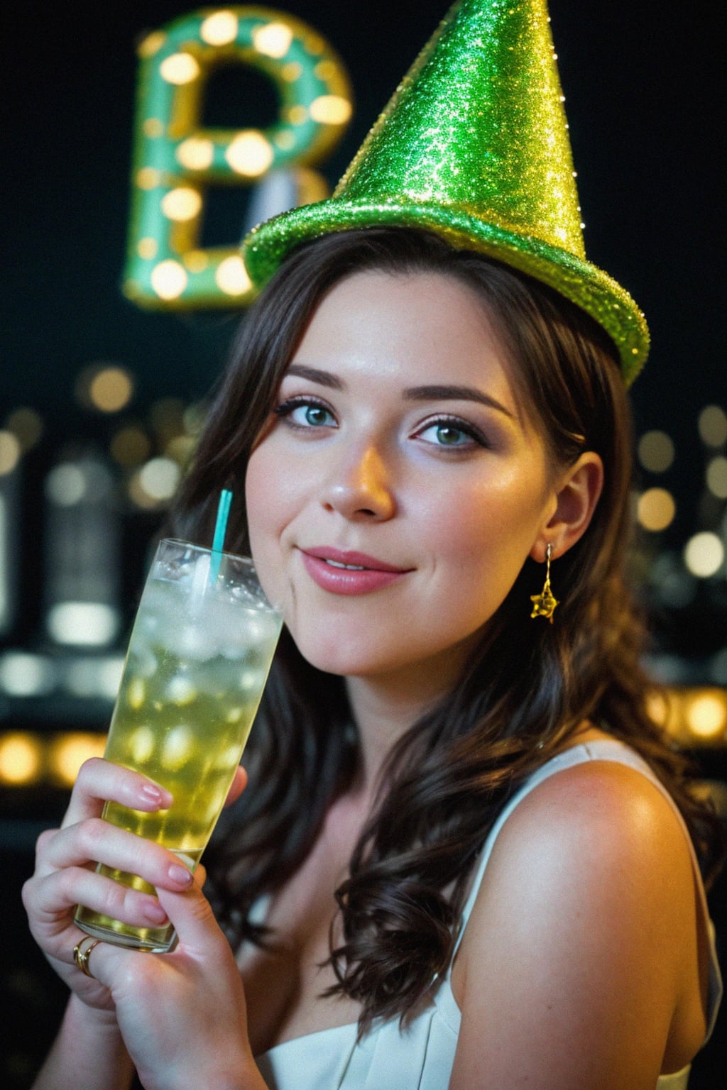 a birthday celebrant wearing a party hat and holding a sparkling drink, toasting to another year of adventures and happiness