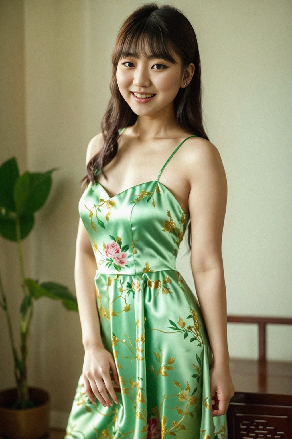 smiling woman wearing silk floral dress  in try on fashion shoot for Zara Shein H&M