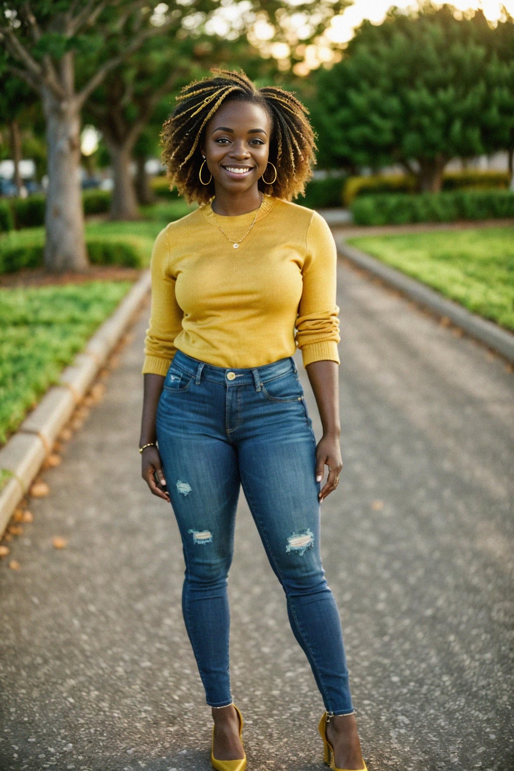 full body shot of smiling woman in engagement photoshoot. engagement style. wearing casual clothes.  golden hour