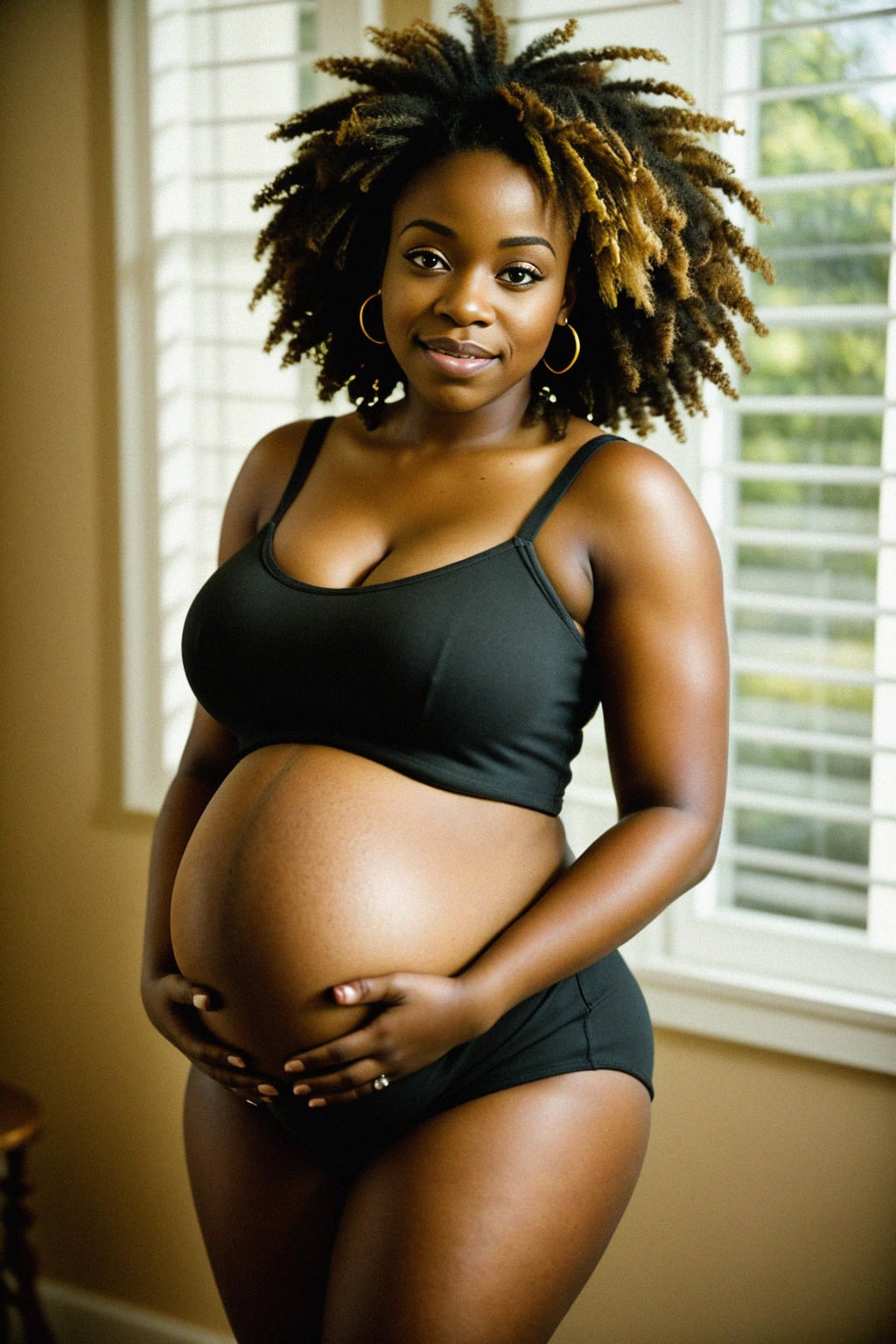 healthy pregnant woman in maternity photographs, beautiful pregnant woman, maternity photography in beautiful home. golden hour