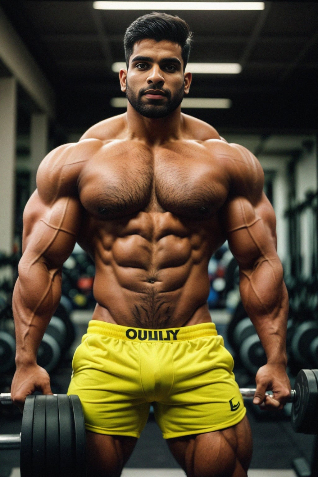 a fit male  man as fitness influencer wearing  posing trunks in the bodybuilding gym, showcasing an impressive physique and bulging muscles