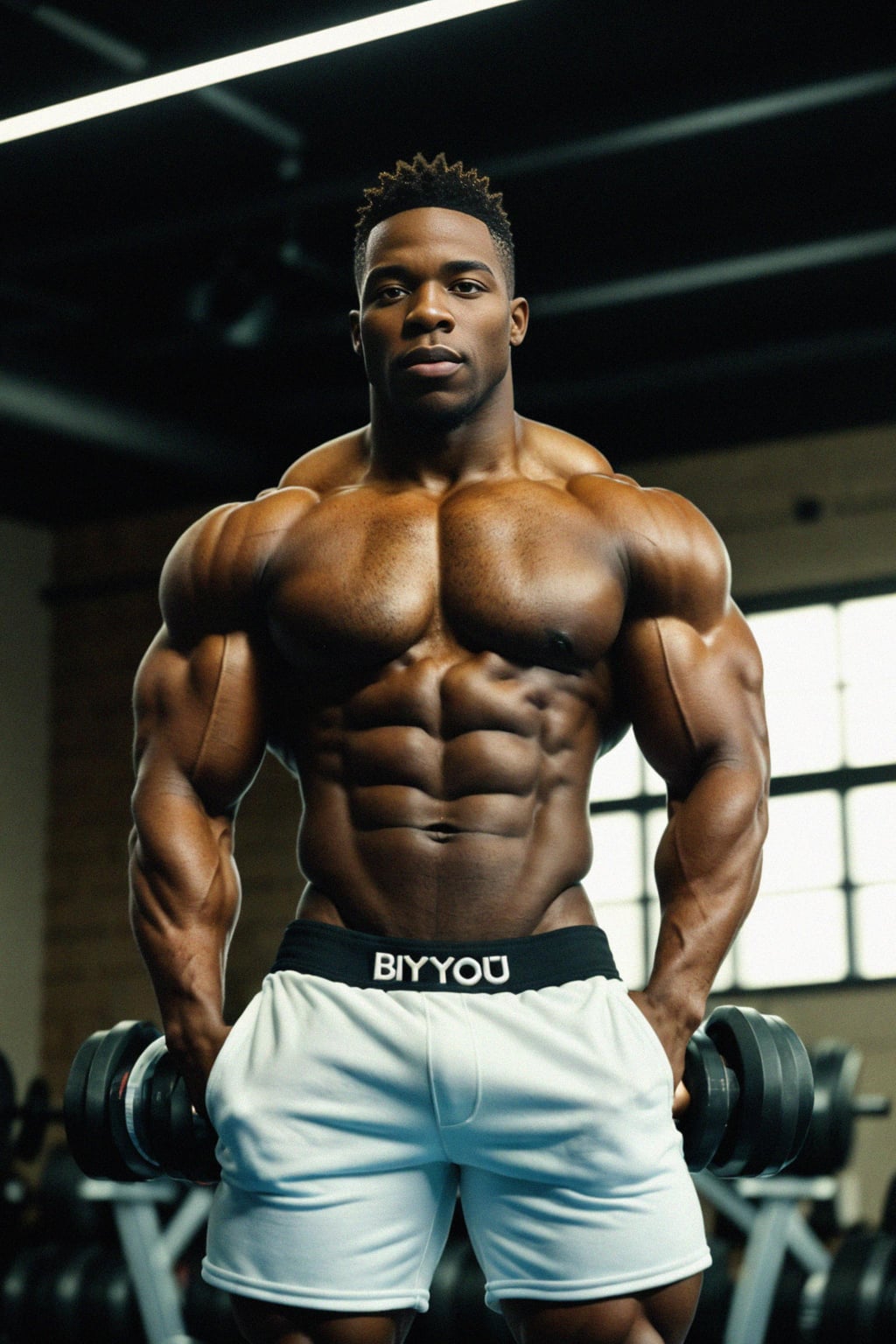 a fit male  man as fitness influencer wearing  posing trunks in the bodybuilding gym, showcasing an impressive physique and bulging muscles