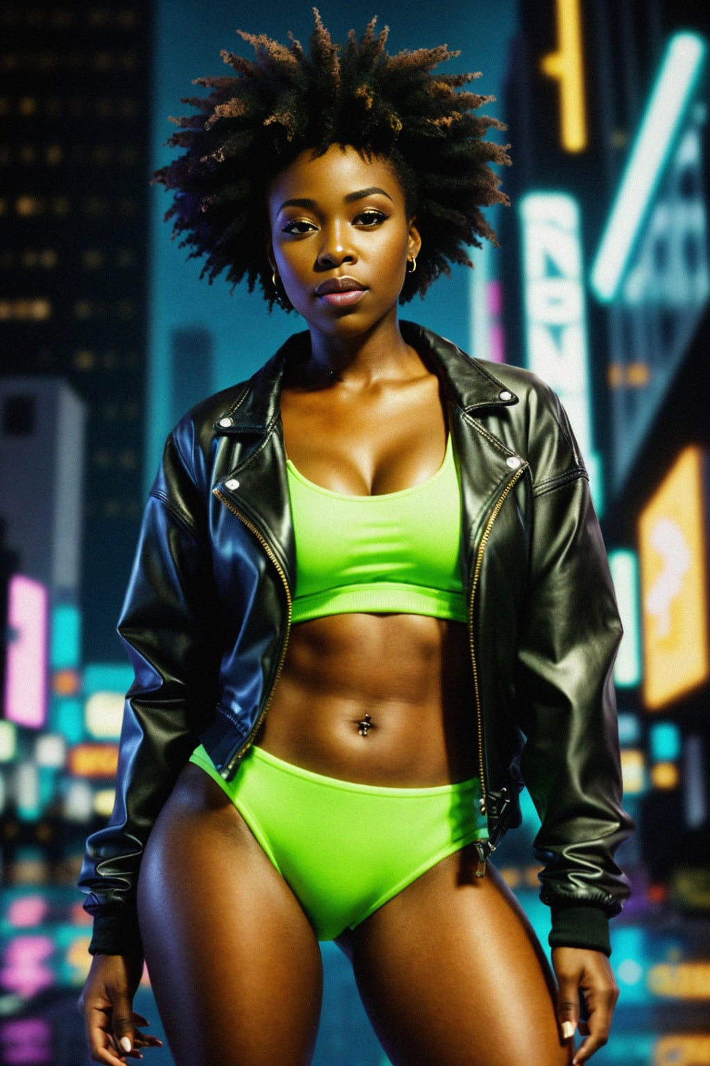 a detailed portrait of hot sexy woman actress wearing jacket, standing in street pose for photo, confident, in a cyberpunk bladerunner vaporwave city, (cyberpunk), city from year 2300