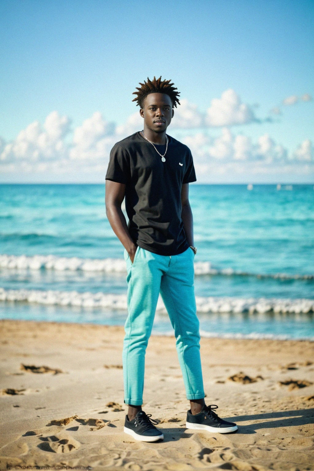 (full-body shot) of man in a  smart casual beach attire, posed against a vibrant beach setting
