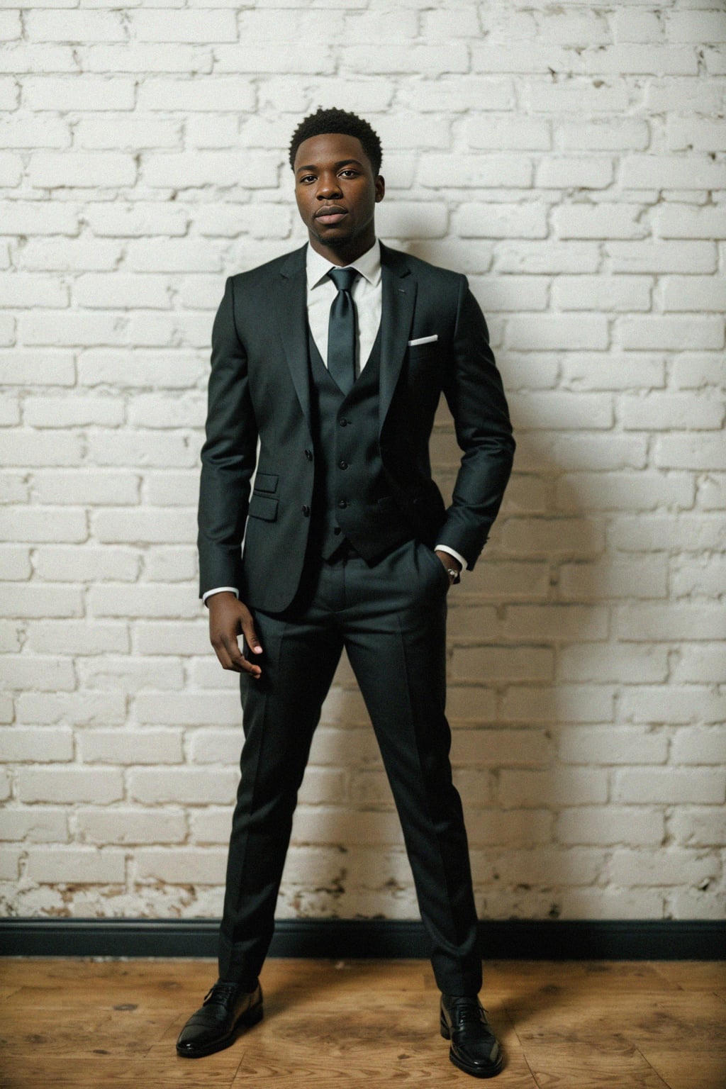 (full-body shot) of man in  sharp, tailored suit against a classic brick wall background