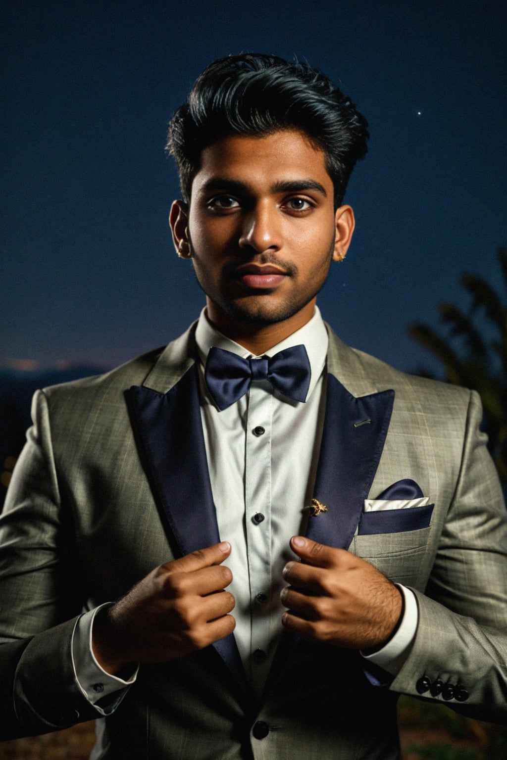 man with magnetic appeal, adorned in  luxurious cufflinks, against a starry night backdrop