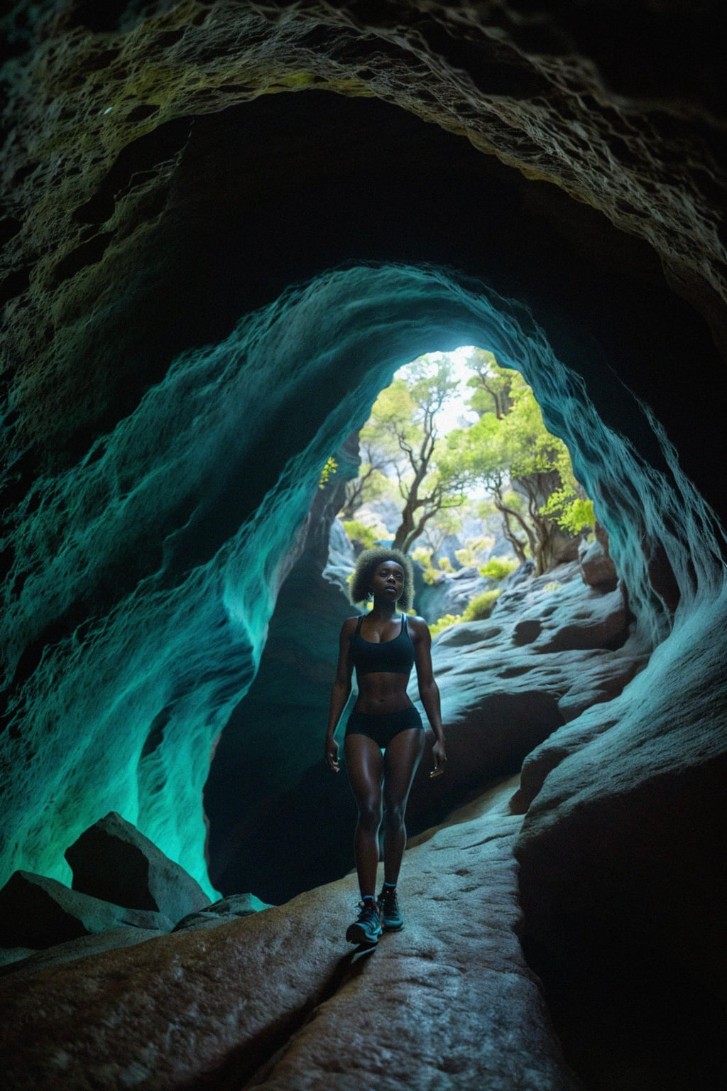 woman as individual hiking through an impressive cave system