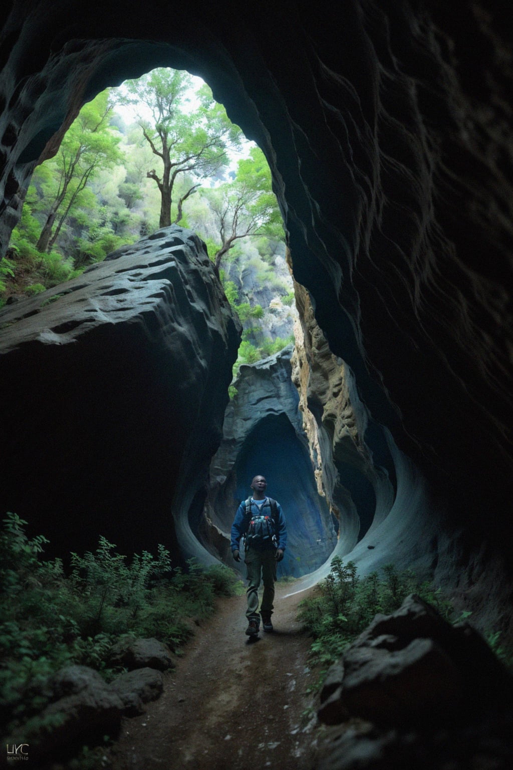 man as individual hiking through an impressive cave system