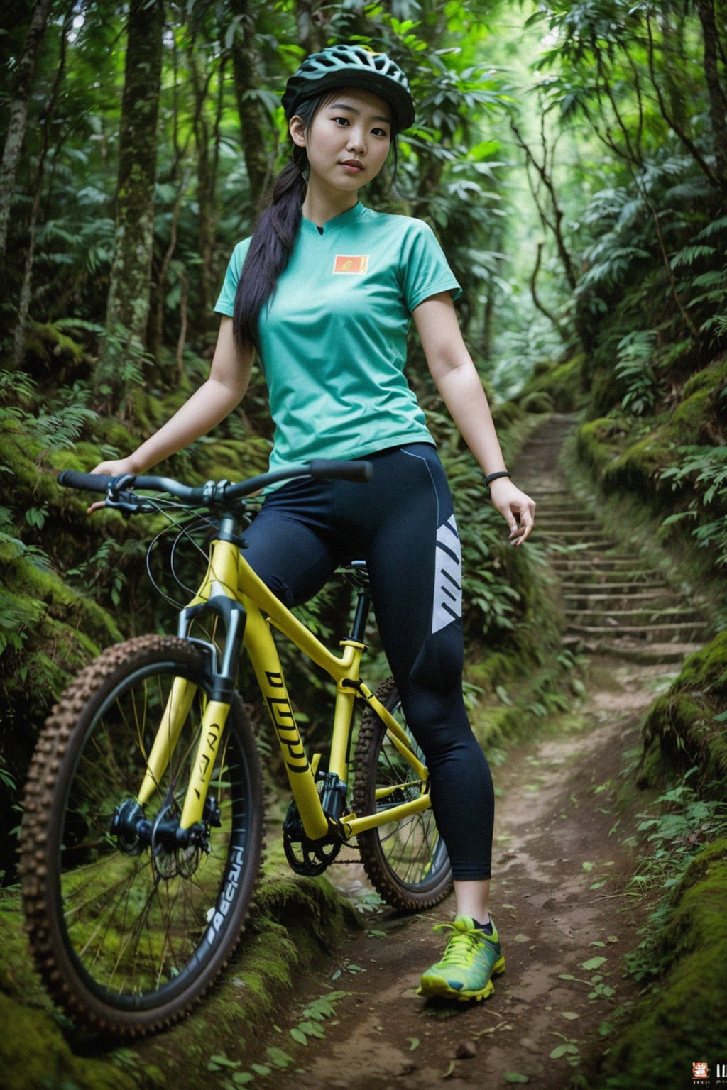 woman as individual mountain biking through a dense forest trail