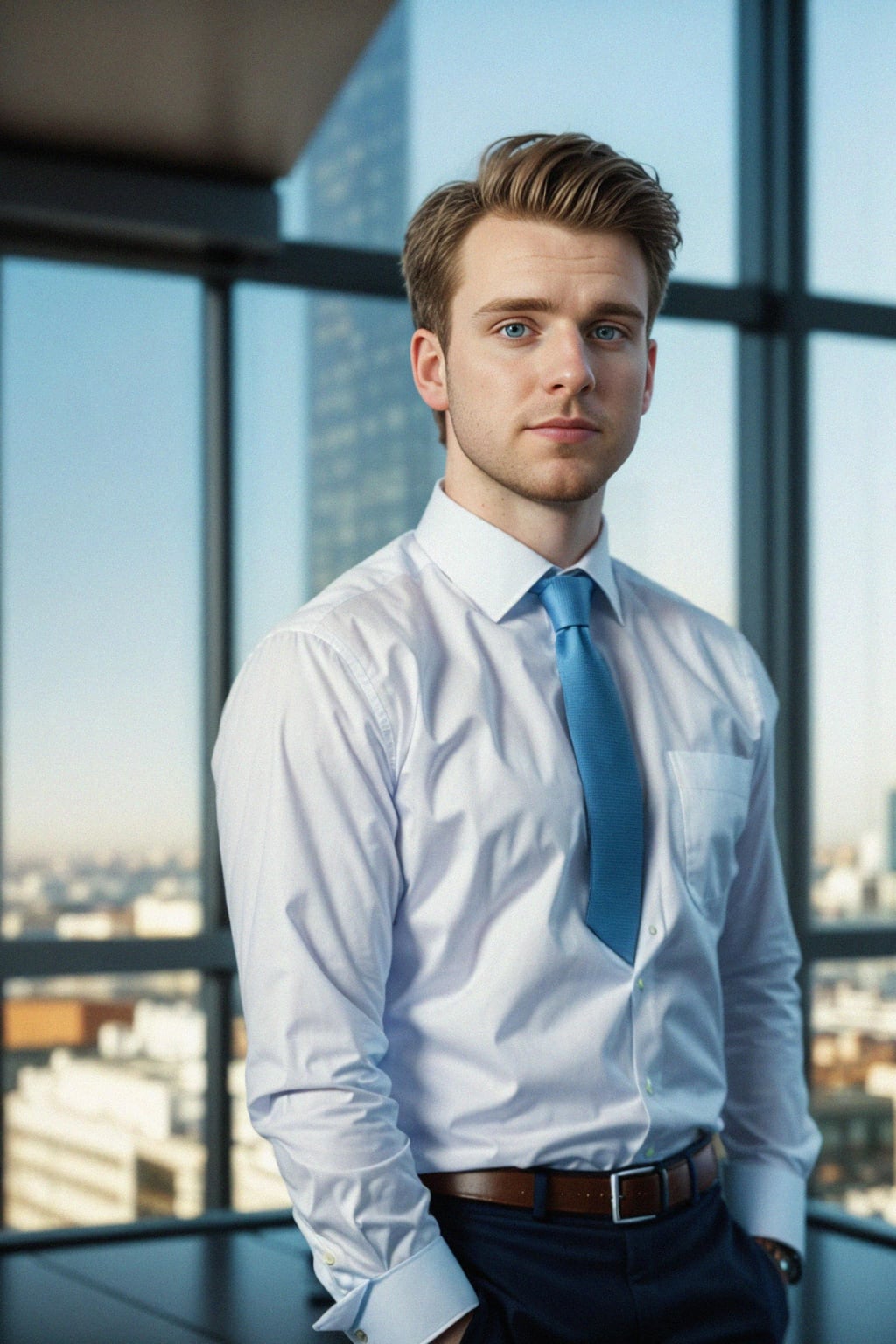 8k professional headshot of man, crisp details, studio backdrop, executive attire, confident posture, neutral expression, high-definition, corporate setting, sharp focus, ambient lighting, business professional, cityscape view