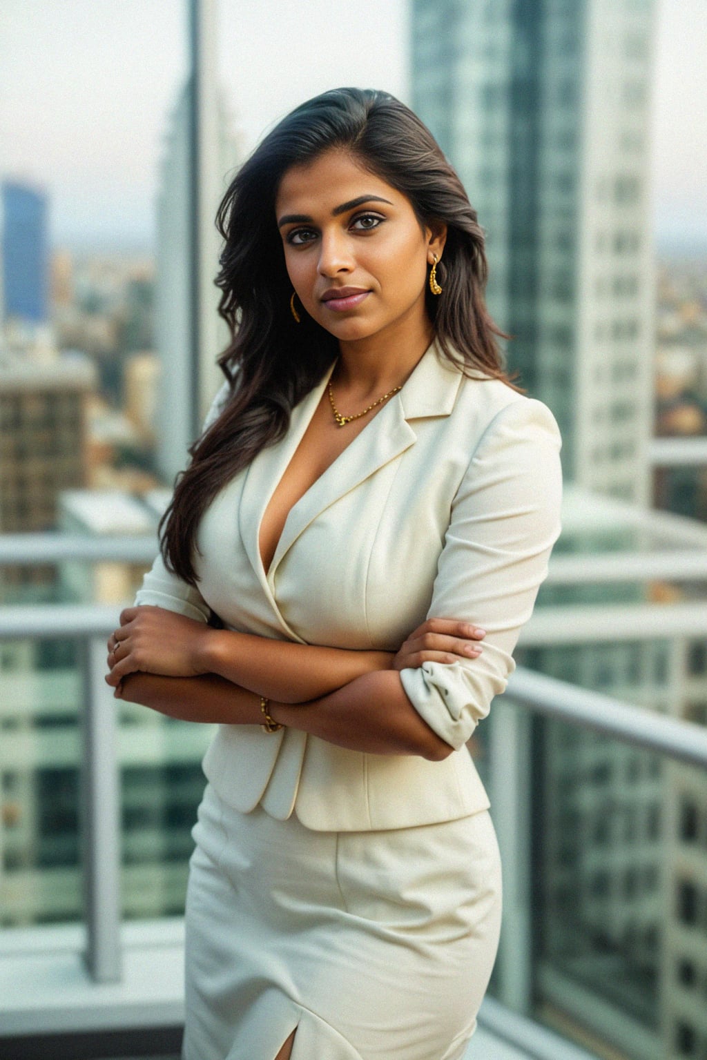 8k professional headshot of woman, crisp details, studio backdrop, executive attire, confident posture, neutral expression, high-definition, corporate setting, sharp focus, ambient lighting, business professional, cityscape view