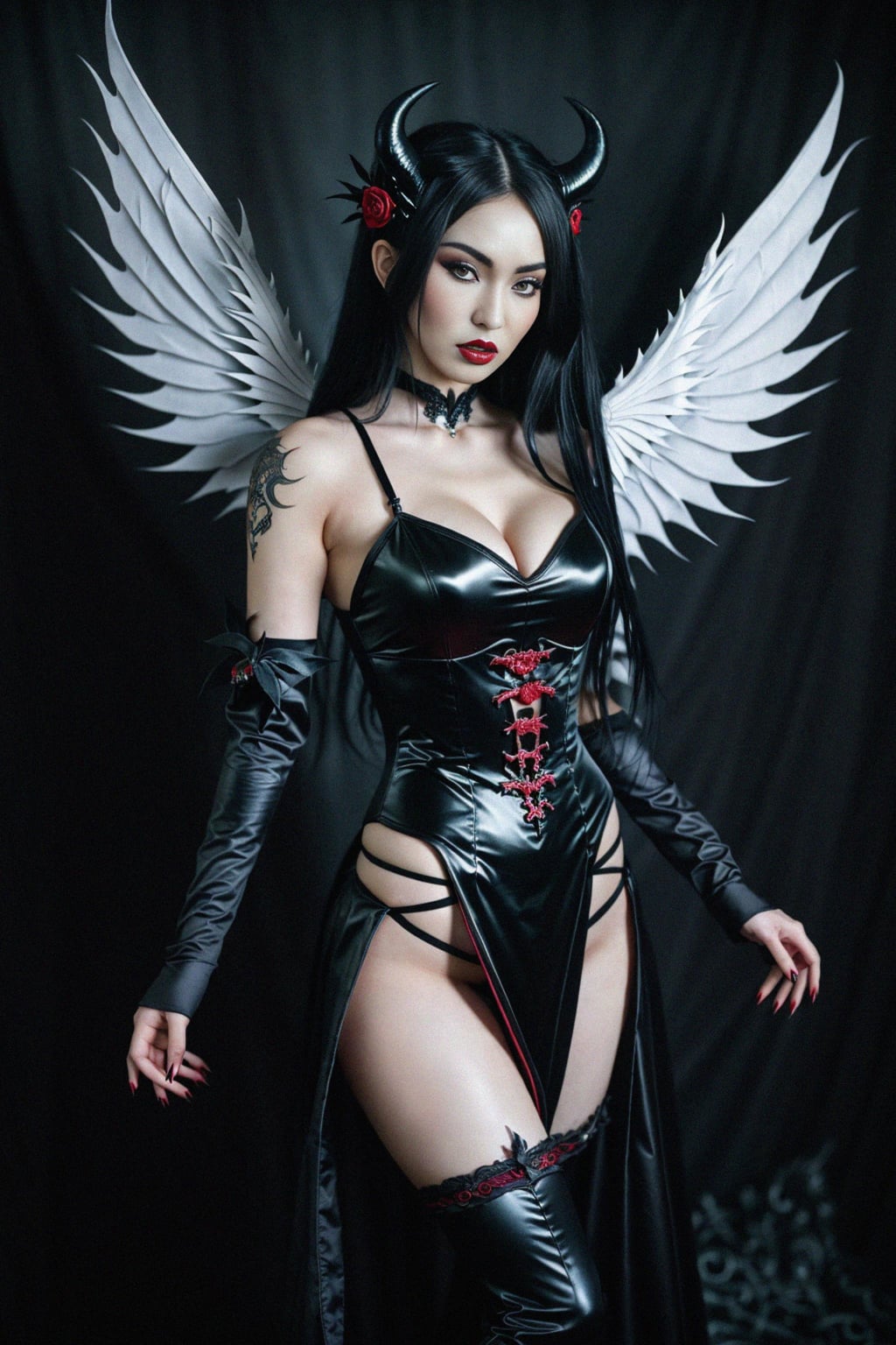 a woman dressed as an angel poses for a picture, dark angel, angel knight gothic girl, dark gothic dress, very sexy devil outfit, full body devil woman, gothic woman dressed in black and red, megan fox witch queen, raven winged female vampire, villainess has black angel wings, gothic outfit, tall female angel, gothic dress, fallen angel, winged woman angel, fishnet stockings