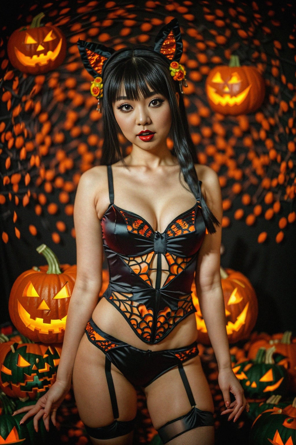woman wearing (naughty halloween) (sexy halloween costume) (halloween outfit), spooky outfit posing for photo, background is halloween pumpkins and spiderwebs