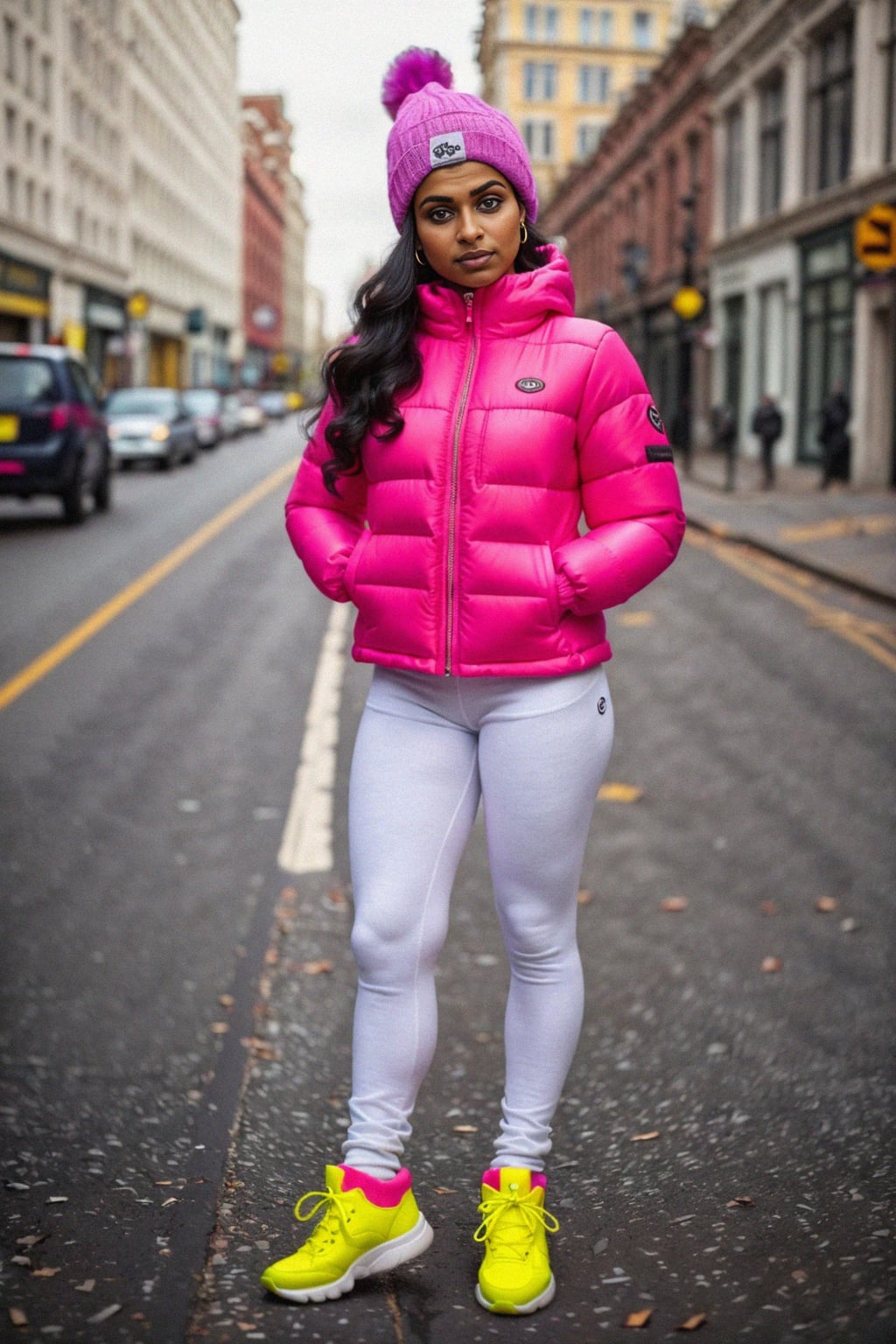 woman wearing gorpcore aesthetic, functional outdoor clothing, bright colored puffer jacket, moonboots, beanie, white wool socks, outerwear, posing for photo in the street