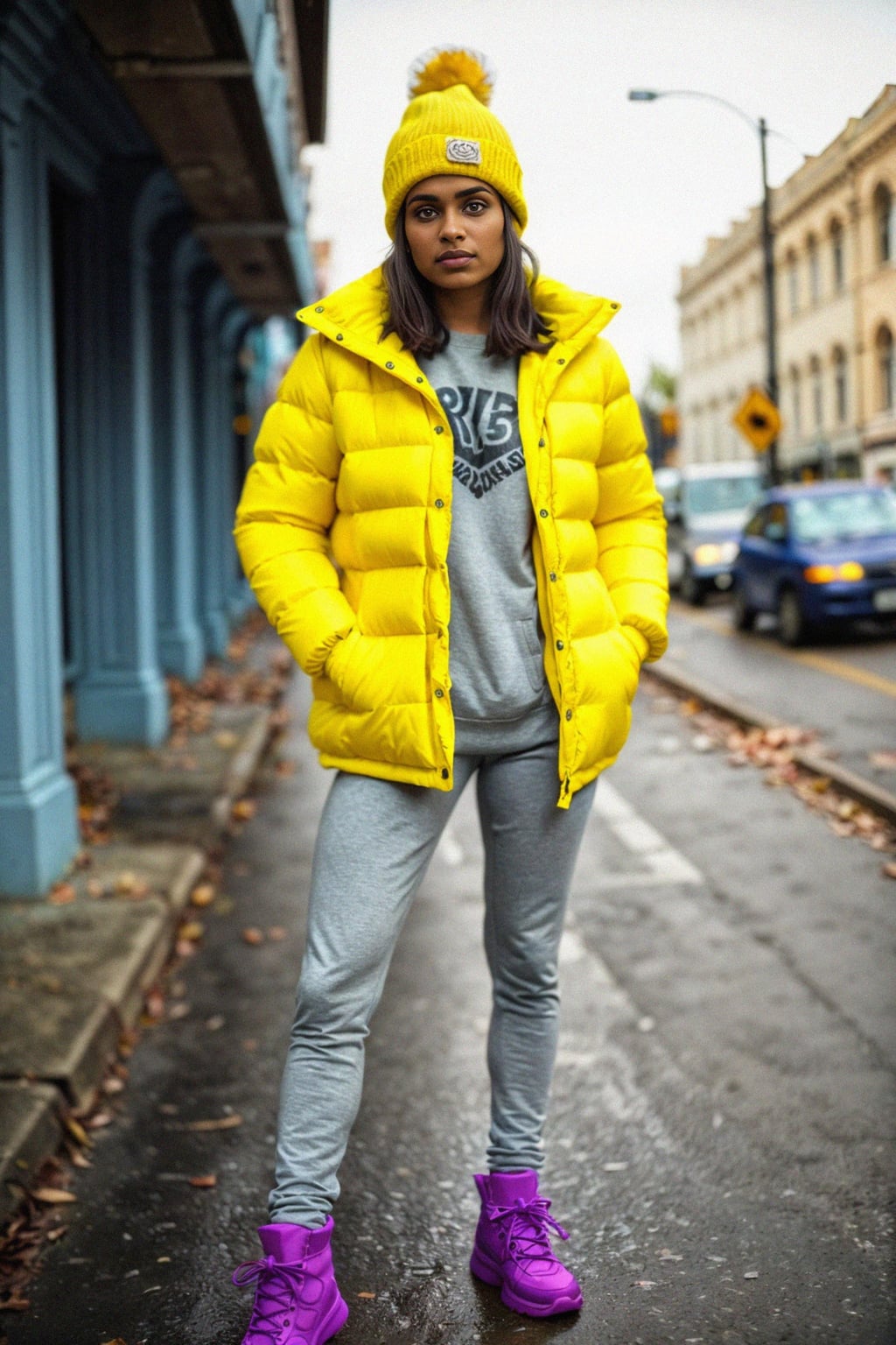 woman wearing gorpcore aesthetic, functional outdoor clothing, bright colored puffer jacket, moonboots, beanie, white wool socks, outerwear, posing for photo in the street