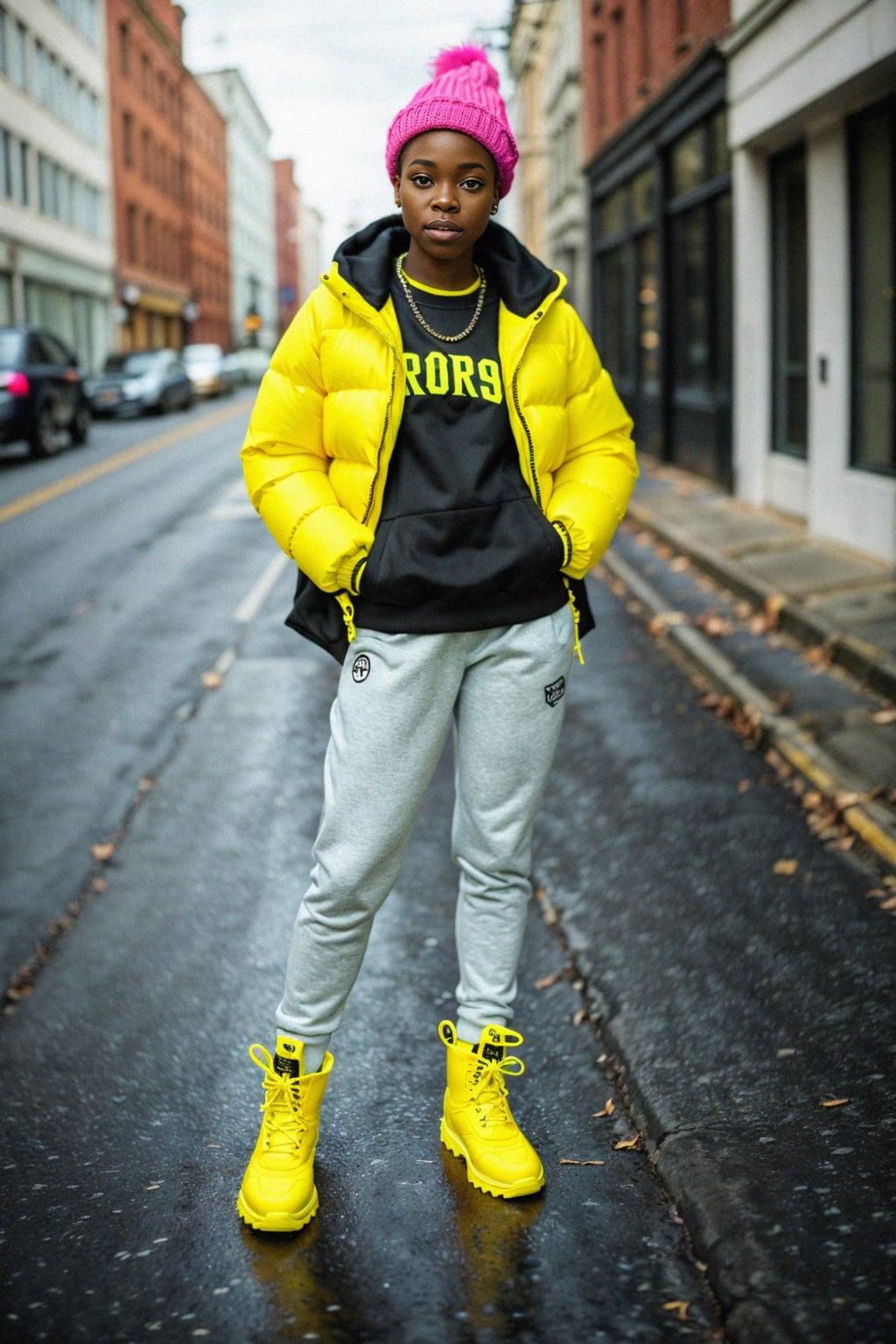woman wearing gorpcore aesthetic, functional outdoor clothing, bright colored puffer jacket, moonboots, beanie, white wool socks, outerwear, posing for photo in the street