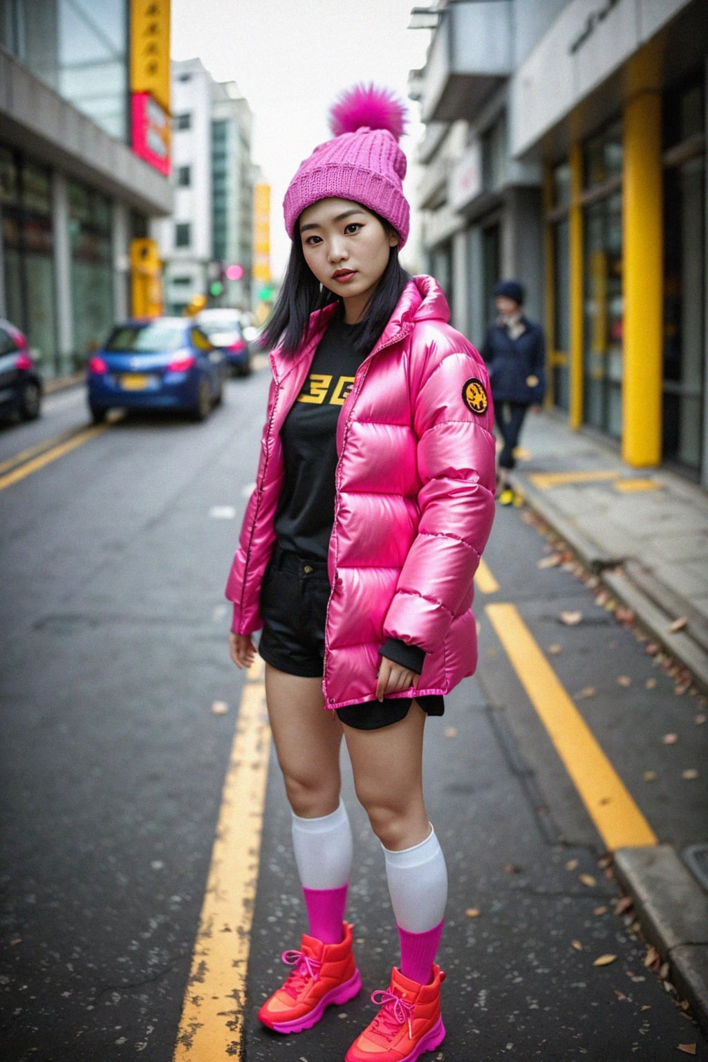 woman wearing gorpcore aesthetic, functional outdoor clothing, bright colored puffer jacket, moonboots, beanie, white wool socks, outerwear, posing for photo in the street