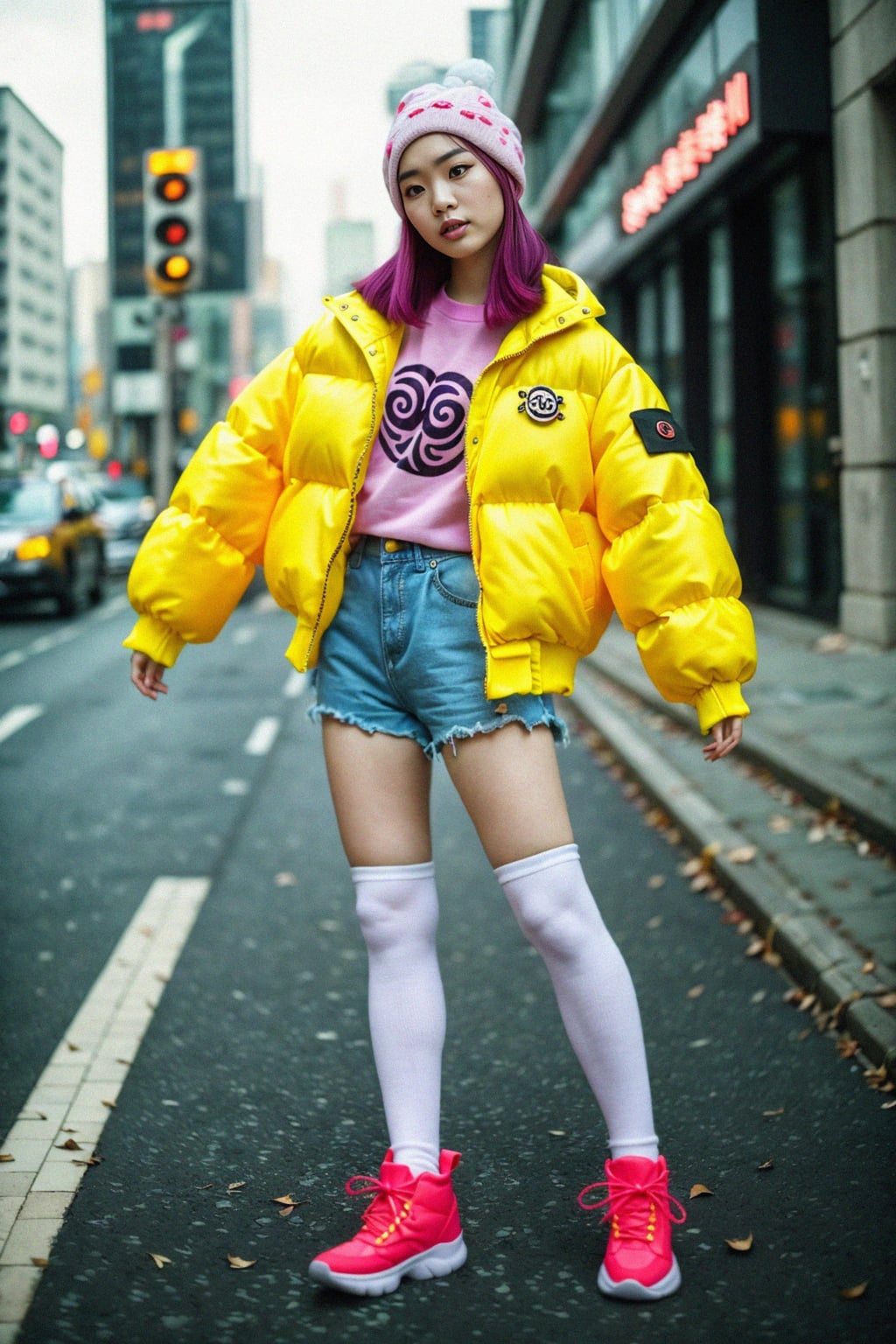 woman wearing gorpcore aesthetic, functional outdoor clothing, bright colored puffer jacket, moonboots, beanie, white wool socks, outerwear, posing for photo in the street