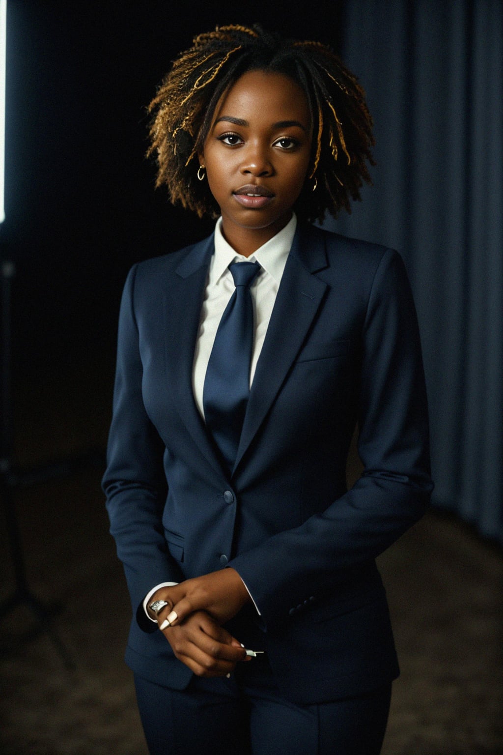 woman wearing a classic navy blue suit with a crisp white dress shirt and a patterned tie