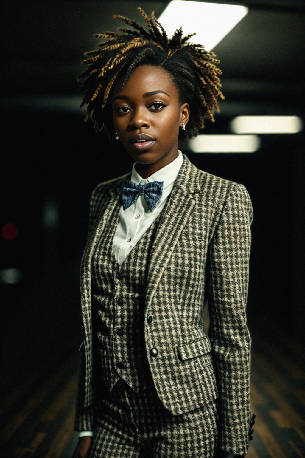 woman wearing a trendy tweed suit with a patterned bow tie and a contrasting vest