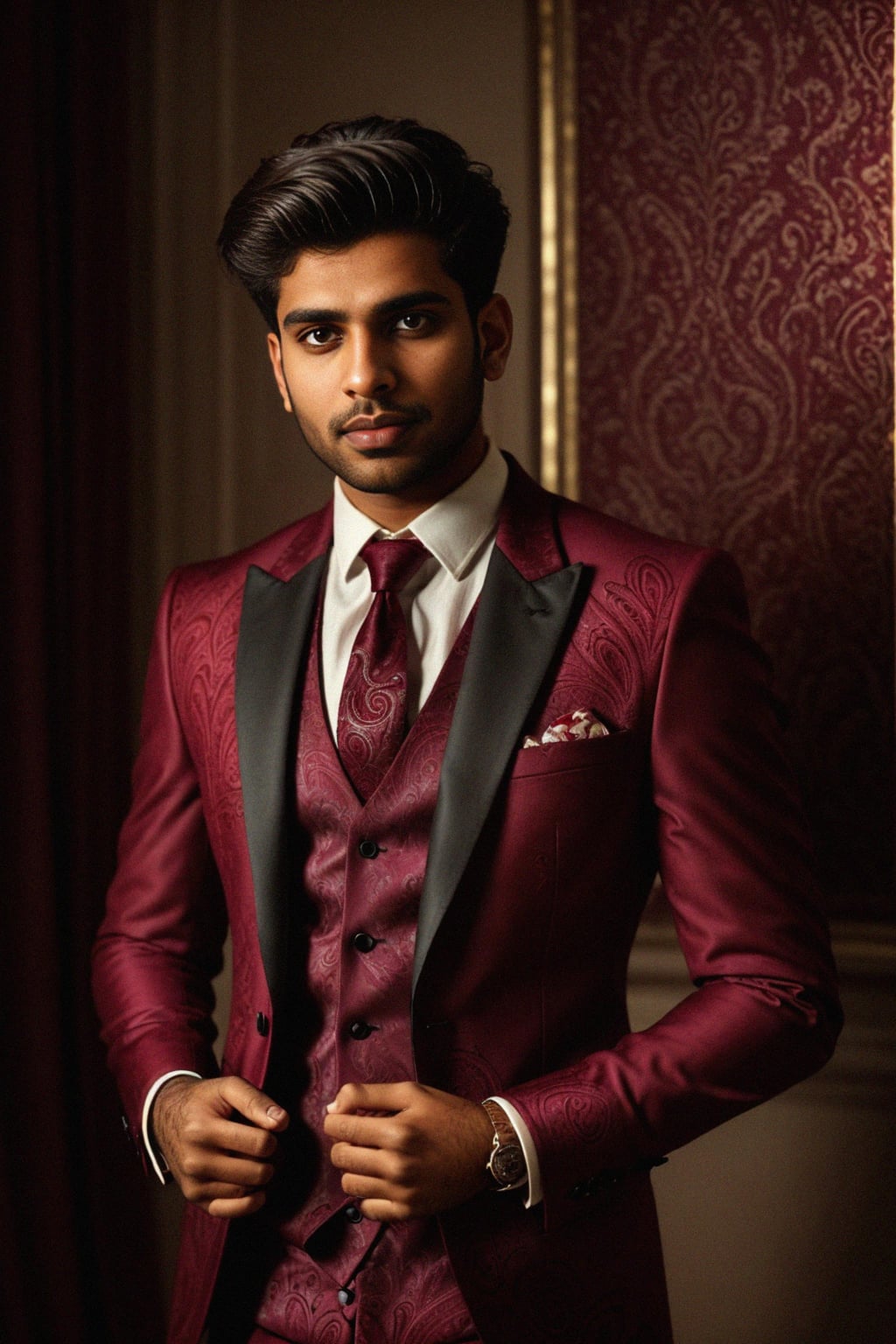 handsome and stylish man trying on a stylish three-piece suit in a rich burgundy color with a crisp white shirt and a paisley patterned pocket square