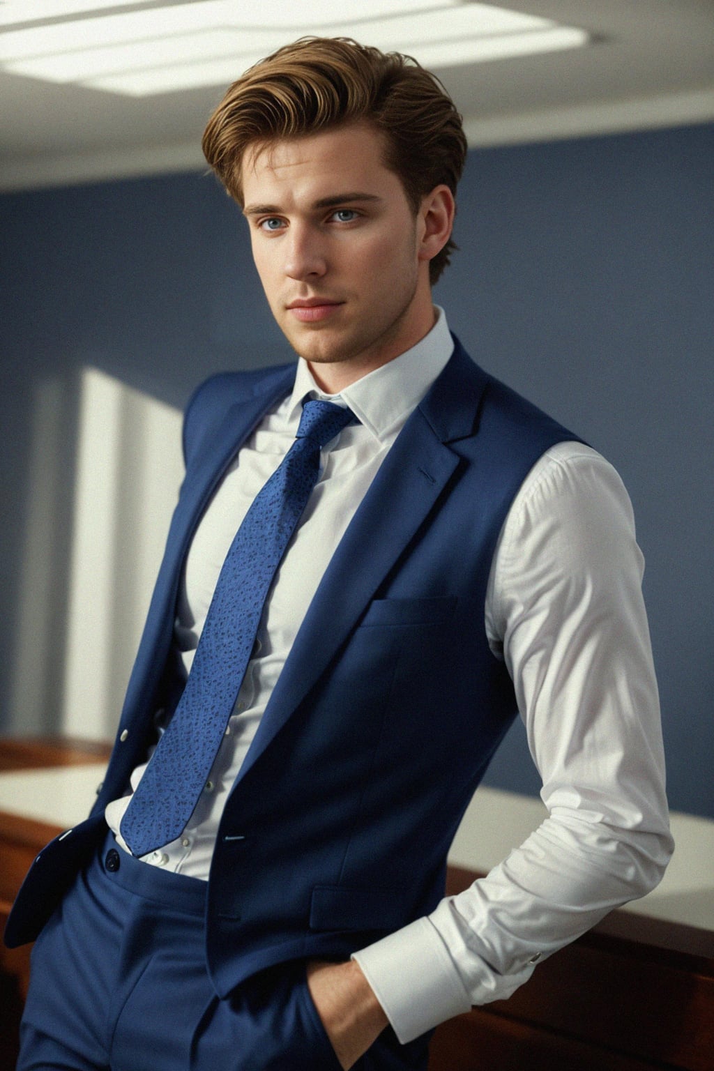 handsome and stylish man wearing a classic navy blue suit with a crisp white dress shirt and a patterned tie