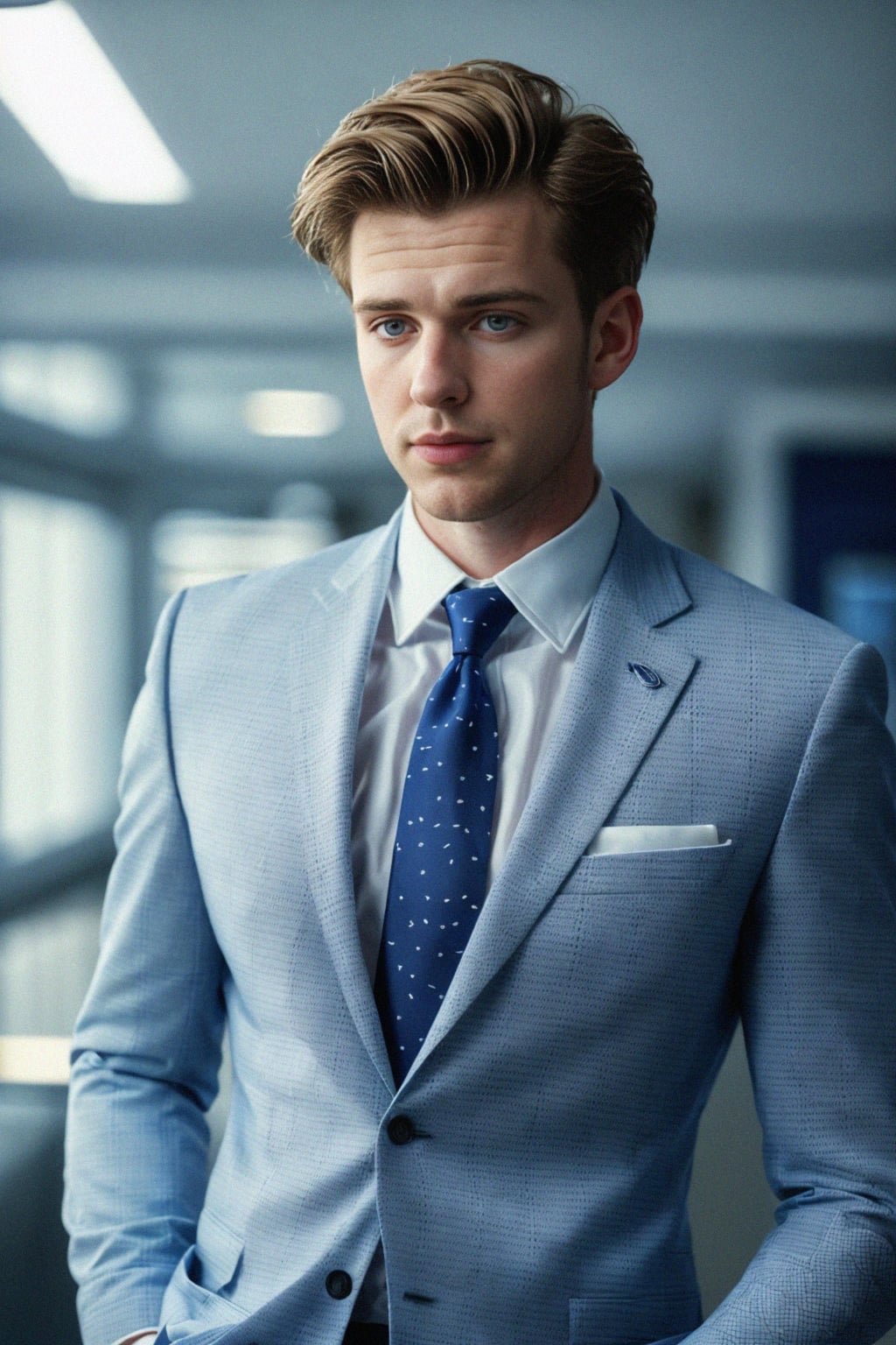 handsome and stylish man wearing a classic navy blue suit with a crisp white dress shirt and a patterned tie