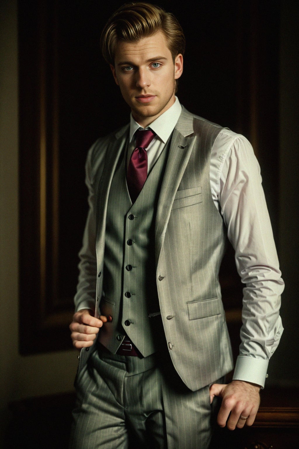 handsome and stylish man trying on a sophisticated pinstripe suit with a waistcoat and a burgundy tie