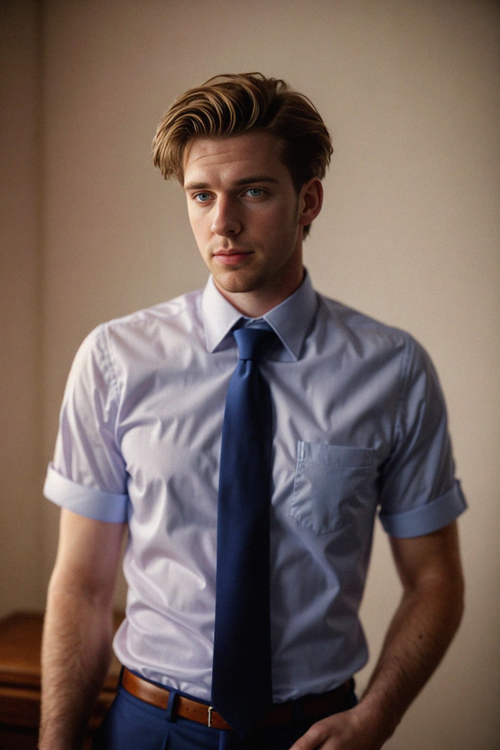 handsome and stylish man wearing a classic navy herringbone suit with a light pink dress shirt and a polka dot tie