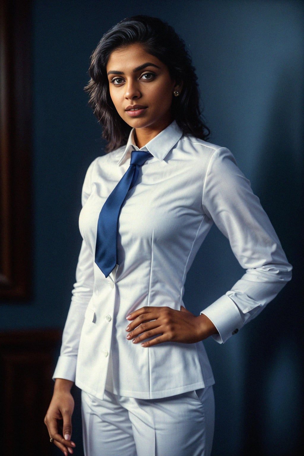 woman wearing a classic navy blue suit with a crisp white dress shirt and a patterned tie