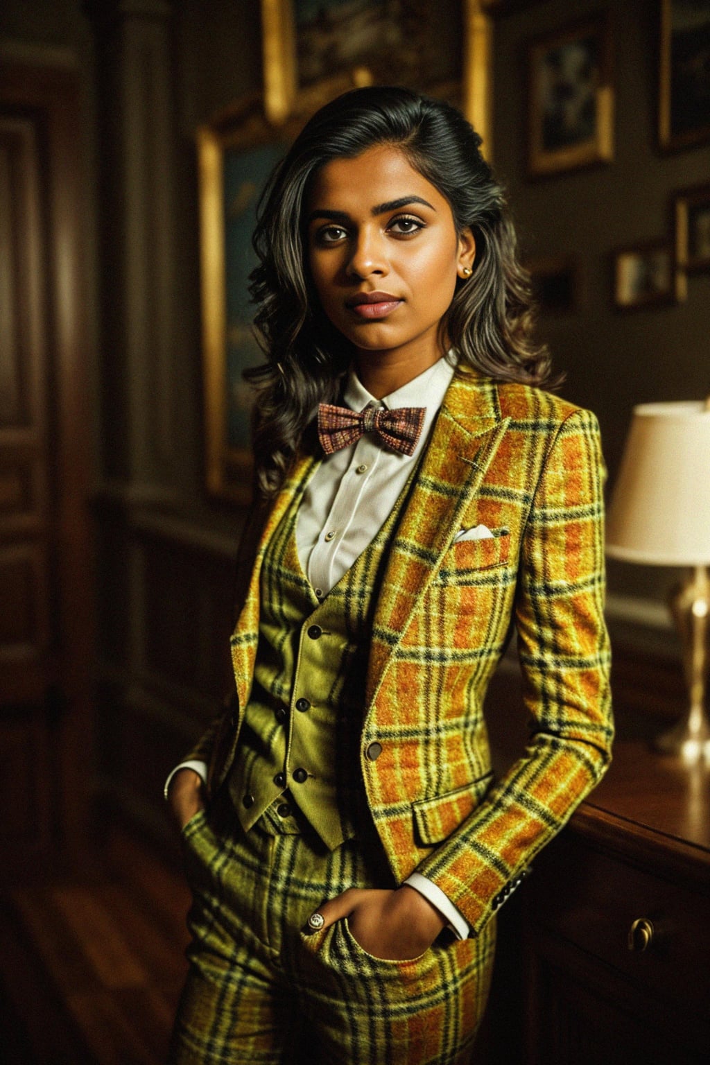 woman wearing a trendy tweed suit with a patterned bow tie and a contrasting vest