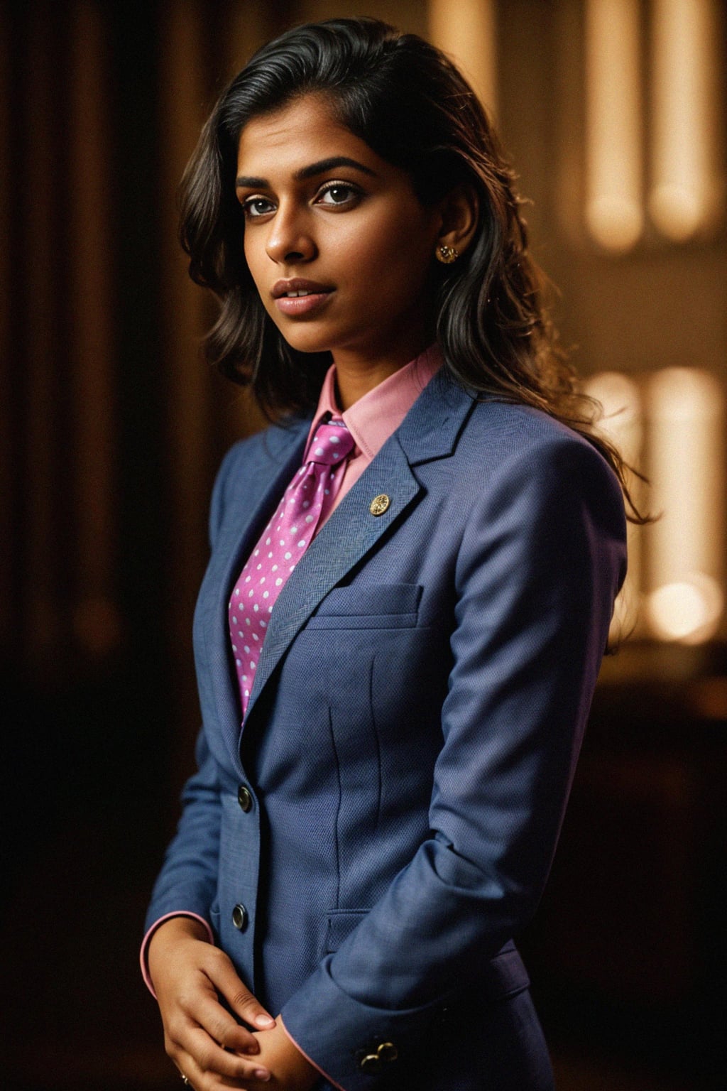 woman wearing a classic navy herringbone suit with a light pink dress shirt and a polka dot tie