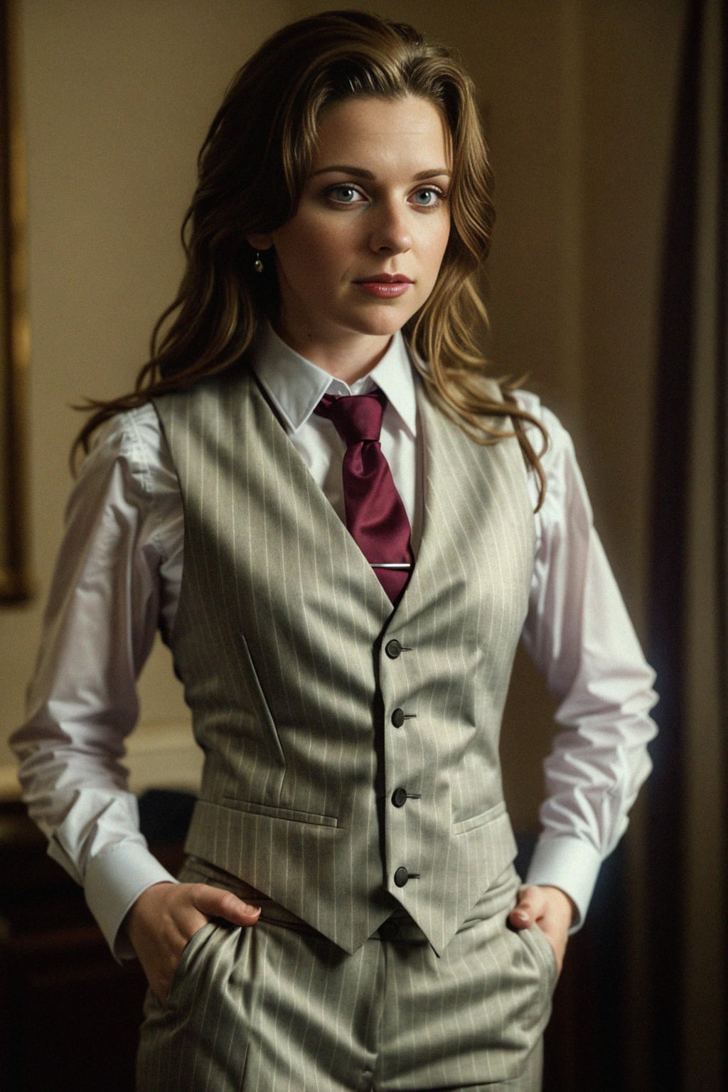 woman trying on a sophisticated pinstripe suit with a waistcoat and a burgundy tie