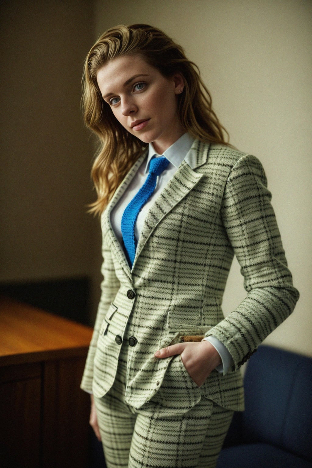 woman showcasing a dappersuit in a bold plaid pattern with a solid-colored shirt and a knitted tie