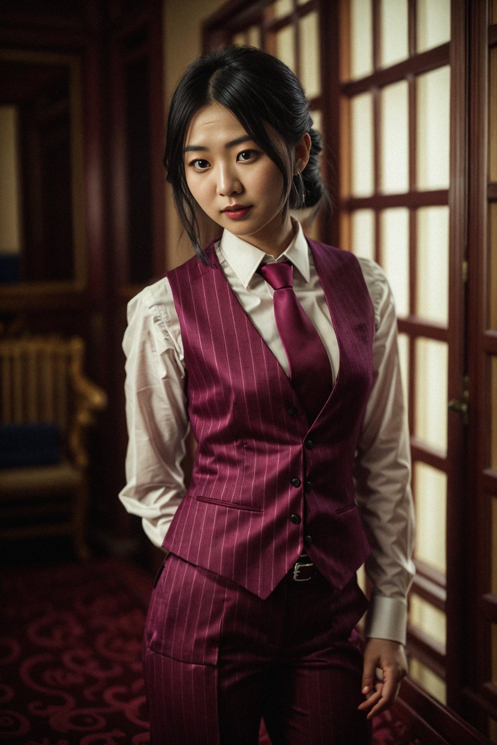 woman trying on a sophisticated pinstripe suit with a waistcoat and a burgundy tie