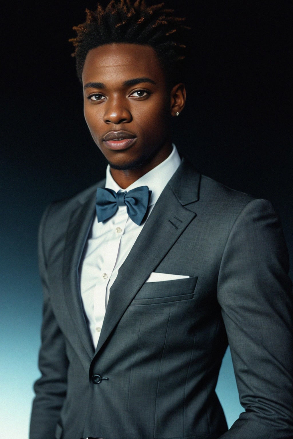 handsome and stylish man showcasing a modern slim-fit charcoal with a light blue dress shirt and a contrasting pocket square