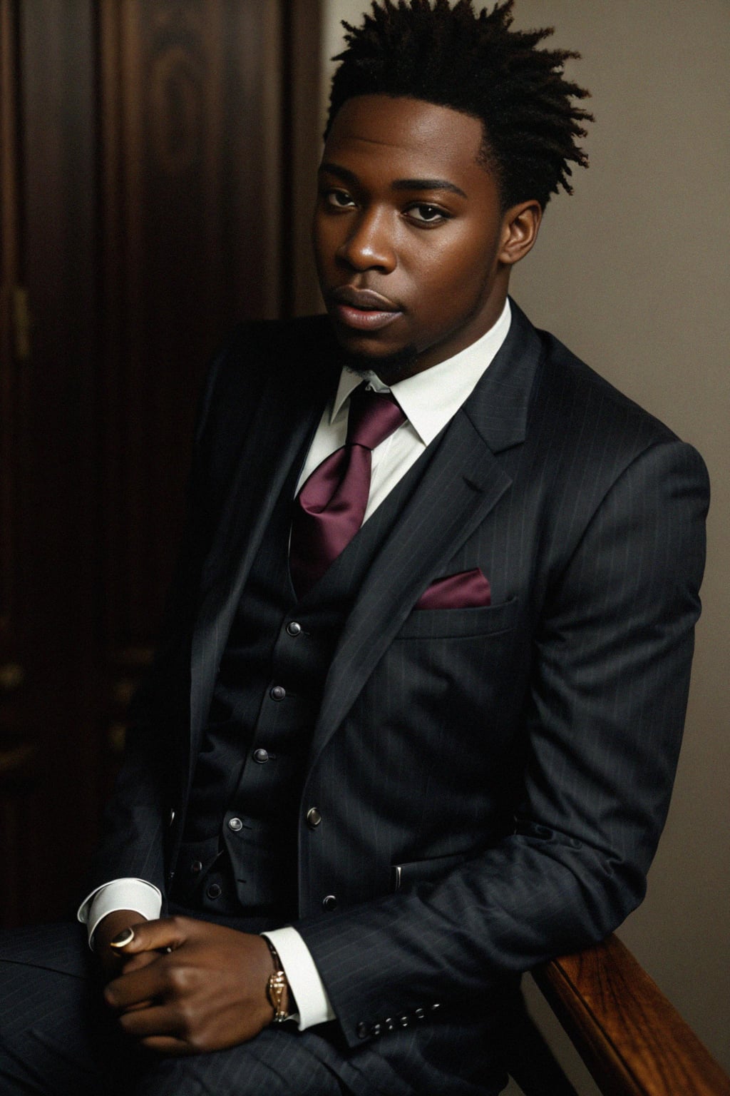 handsome and stylish man trying on a sophisticated pinstripe suit with a waistcoat and a burgundy tie